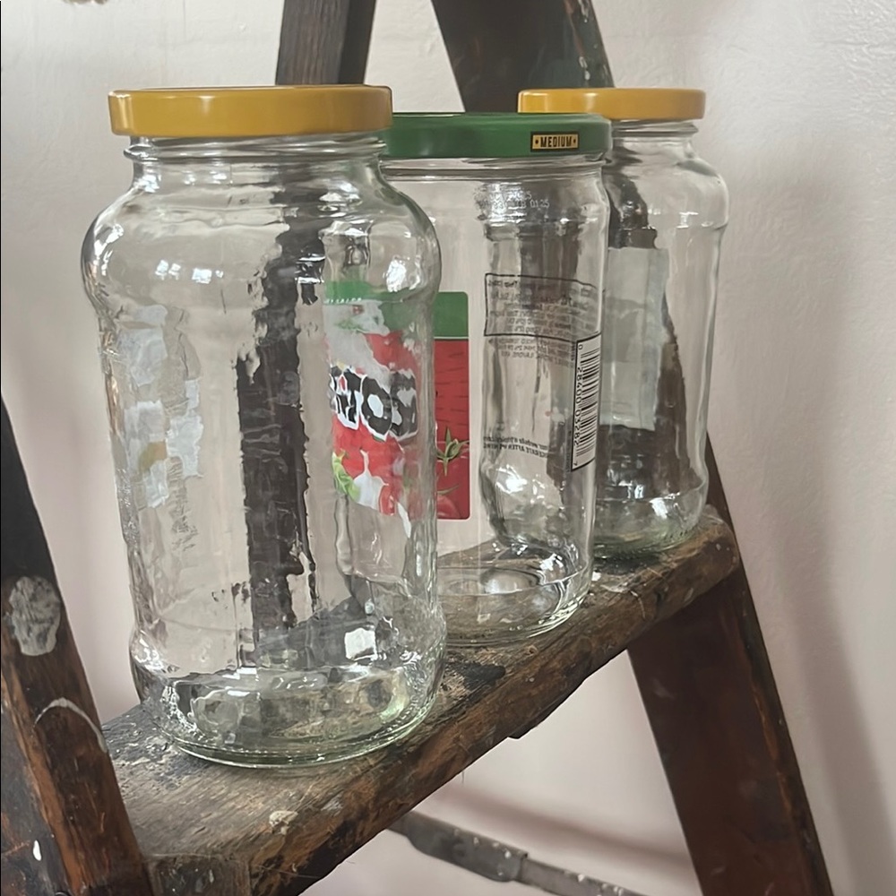 Set of Three Glass Jars with Yellow and Green Lids